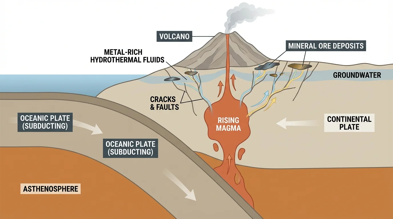 Cross-section of a convergent plate boundary with subducting plate, rising magma, volcano, cracks, and metal-rich hydrothermal fluids depositing ore underground