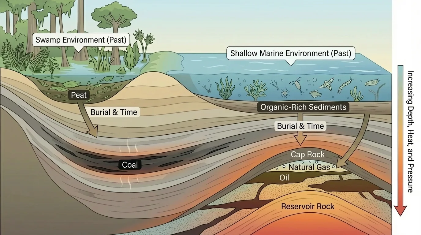 Layered sedimentary basin showing swamp plants forming coal and buried marine organisms forming oil and natural gas with increasing depth, heat, and pressure