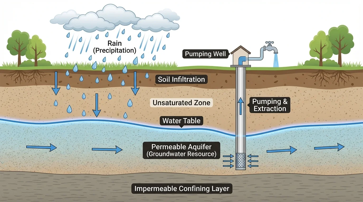 Groundwater cross-section showing rain soaking into soil, the water table, a permeable aquifer, an impermeable confining layer, and a pumping well