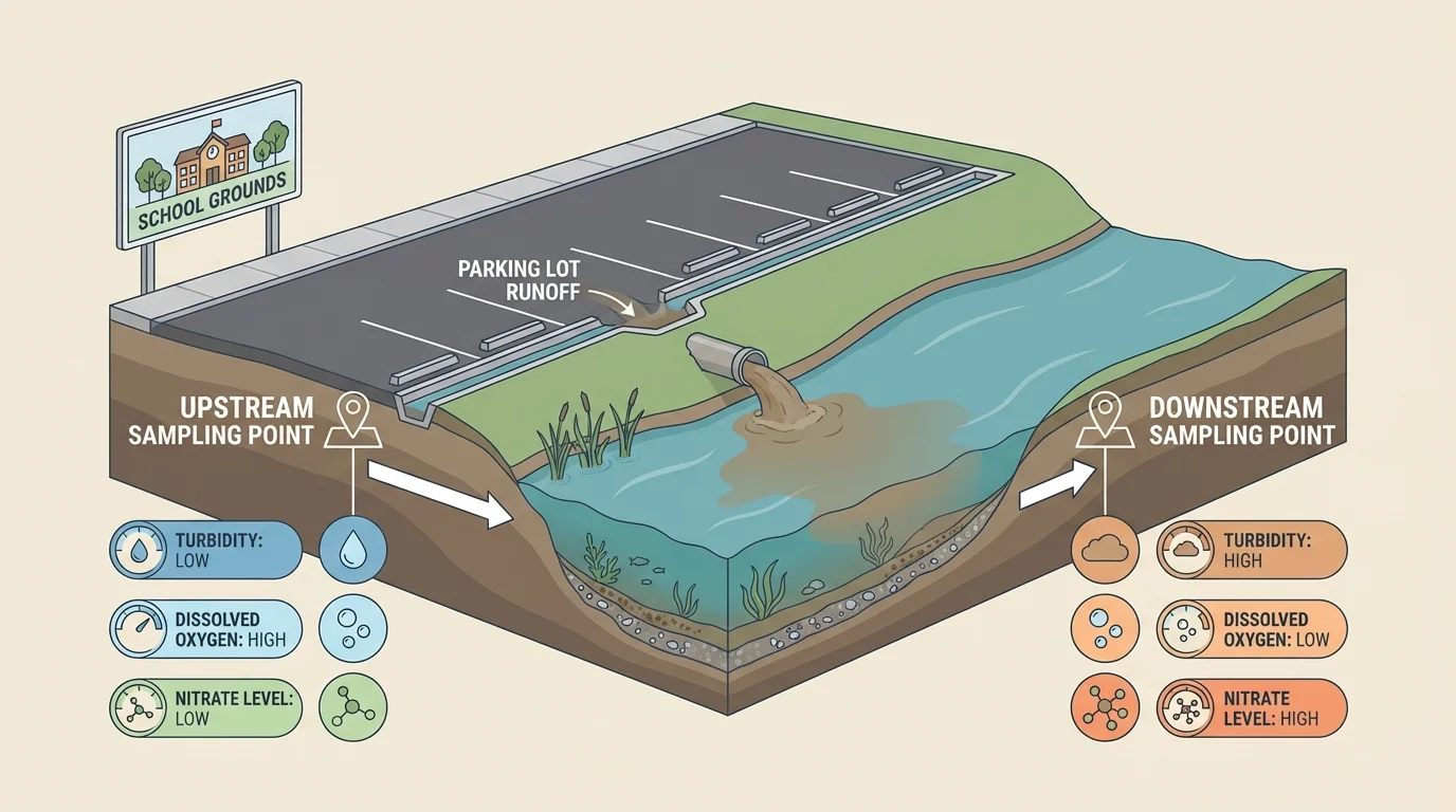 School stream investigation with parking lot runoff entering a stream, labeled upstream and downstream sampling points, and indicators such as turbidity, dissolved oxygen, and nitrate level