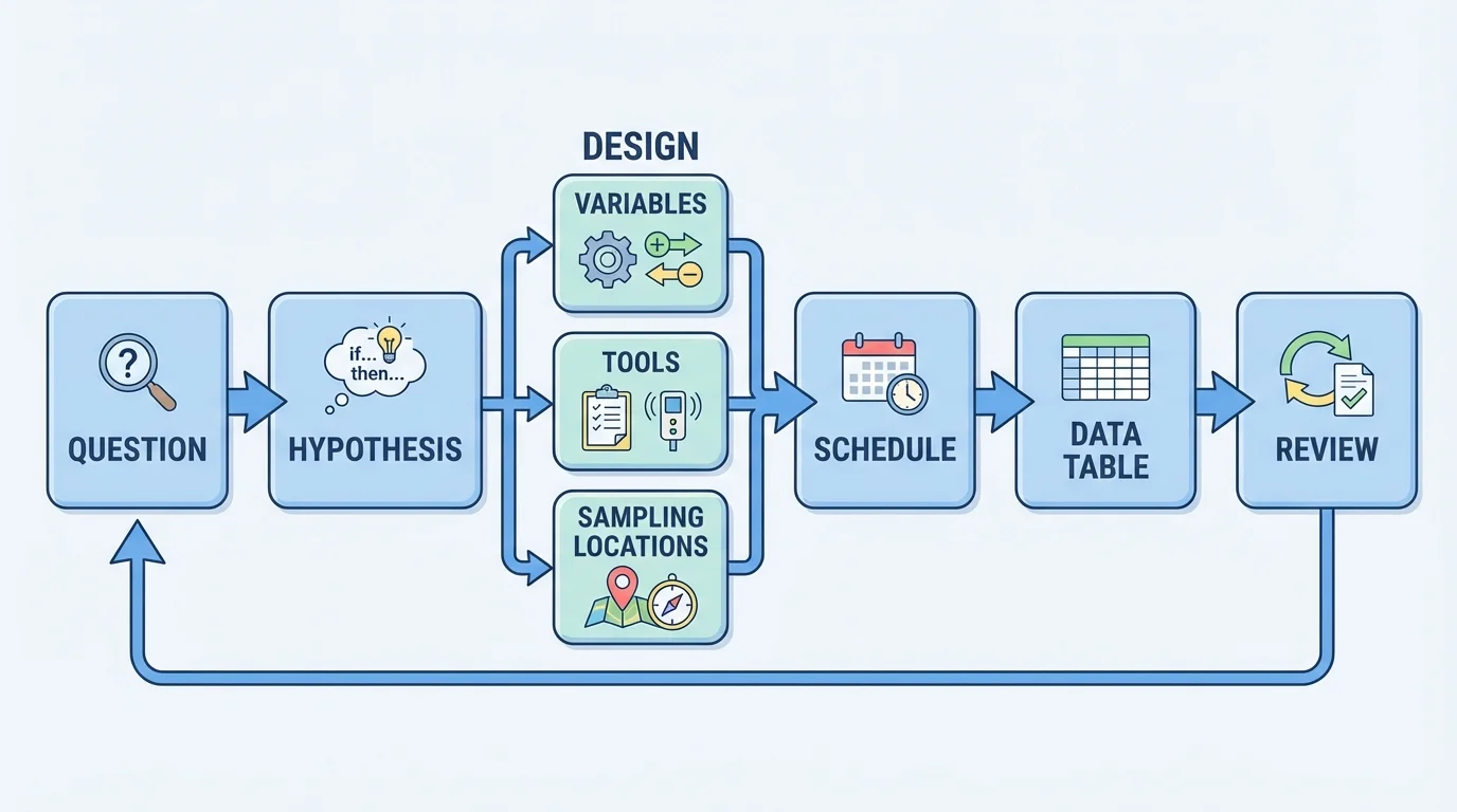 Flowchart for designing an environmental monitoring plan with boxes labeled question, hypothesis, variables, tools, sampling locations, schedule, data table, and review