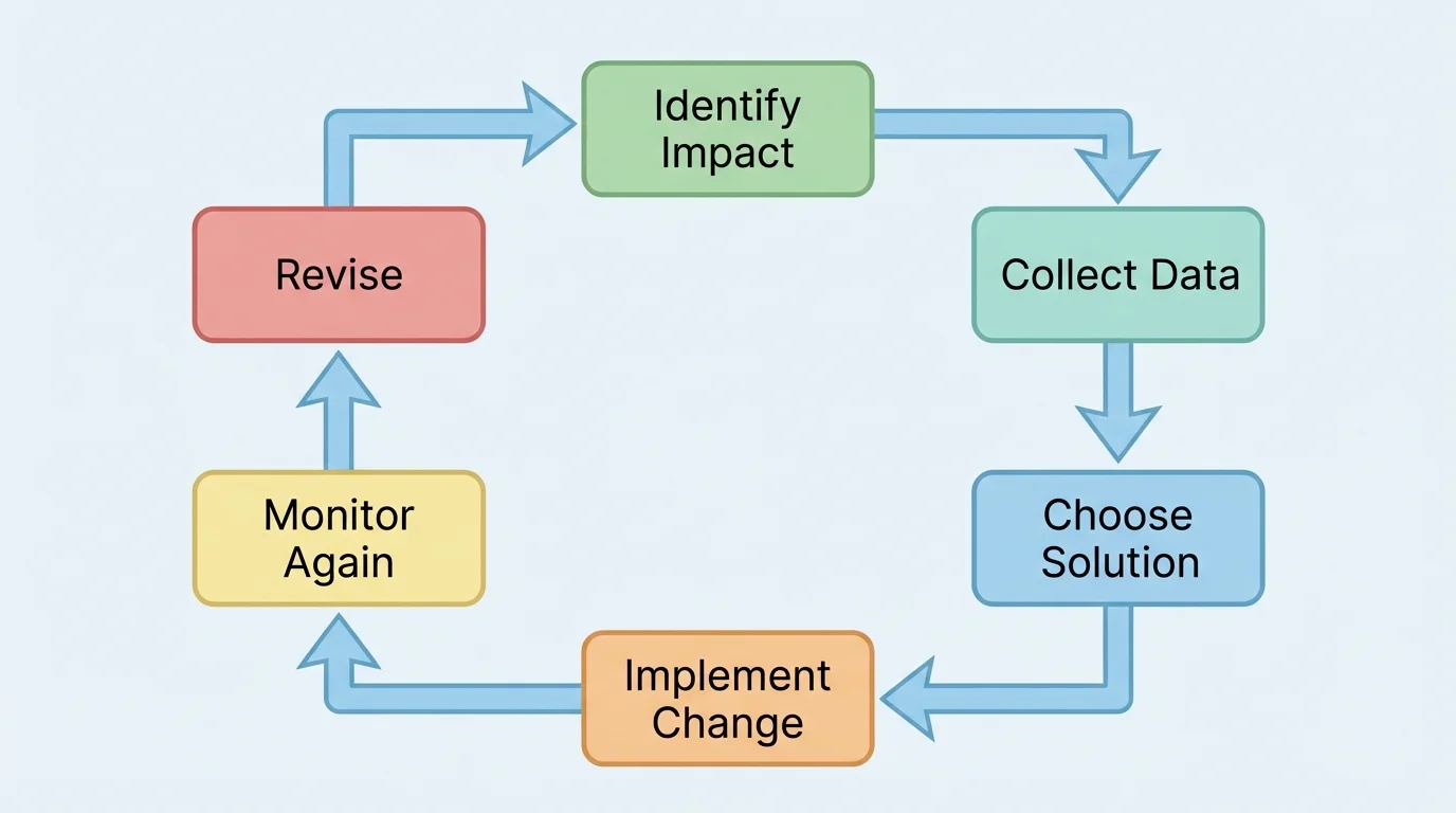 Environmental problem-solving cycle with boxes labeled identify impact, collect data, choose solution, implement change, monitor again, and revise