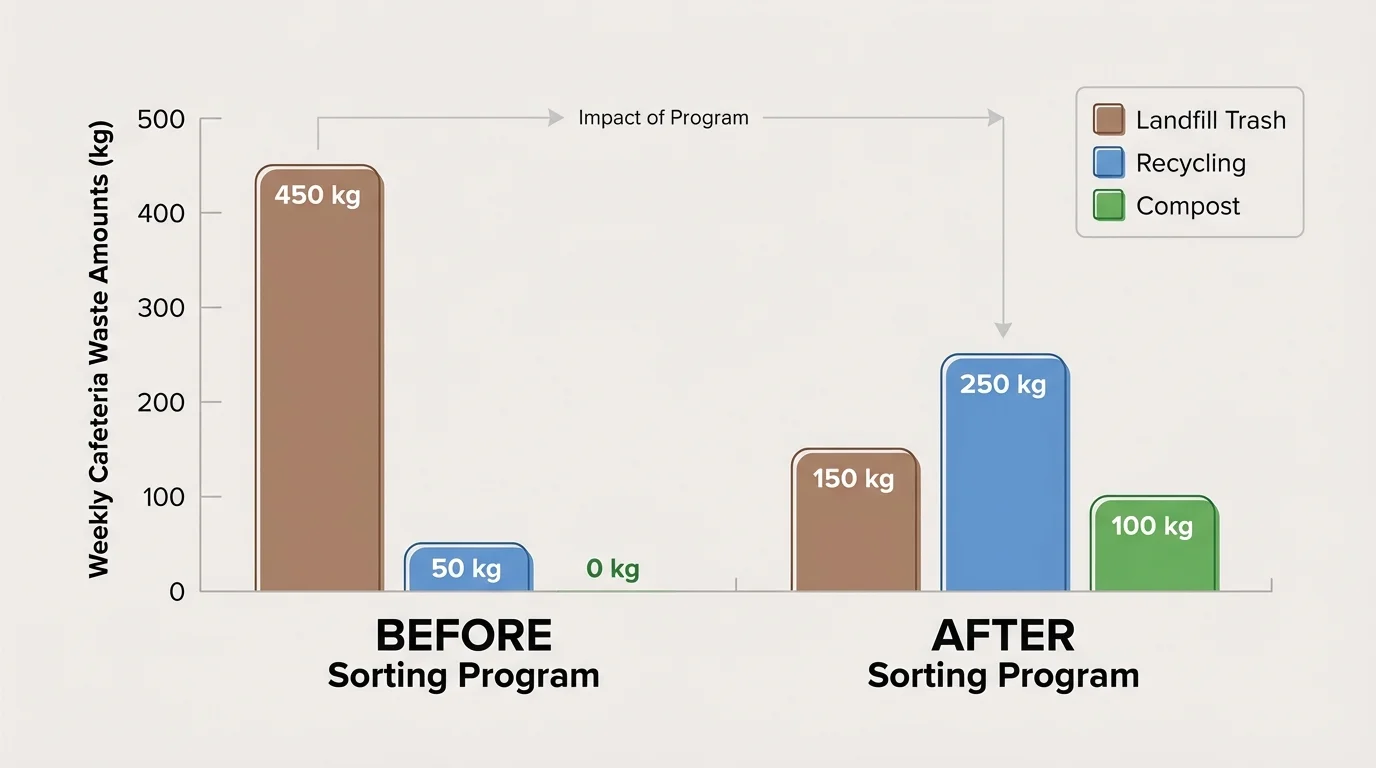 Bar graph comparing weekly cafeteria landfill trash, recycling, and compost amounts before and after a school sorting program