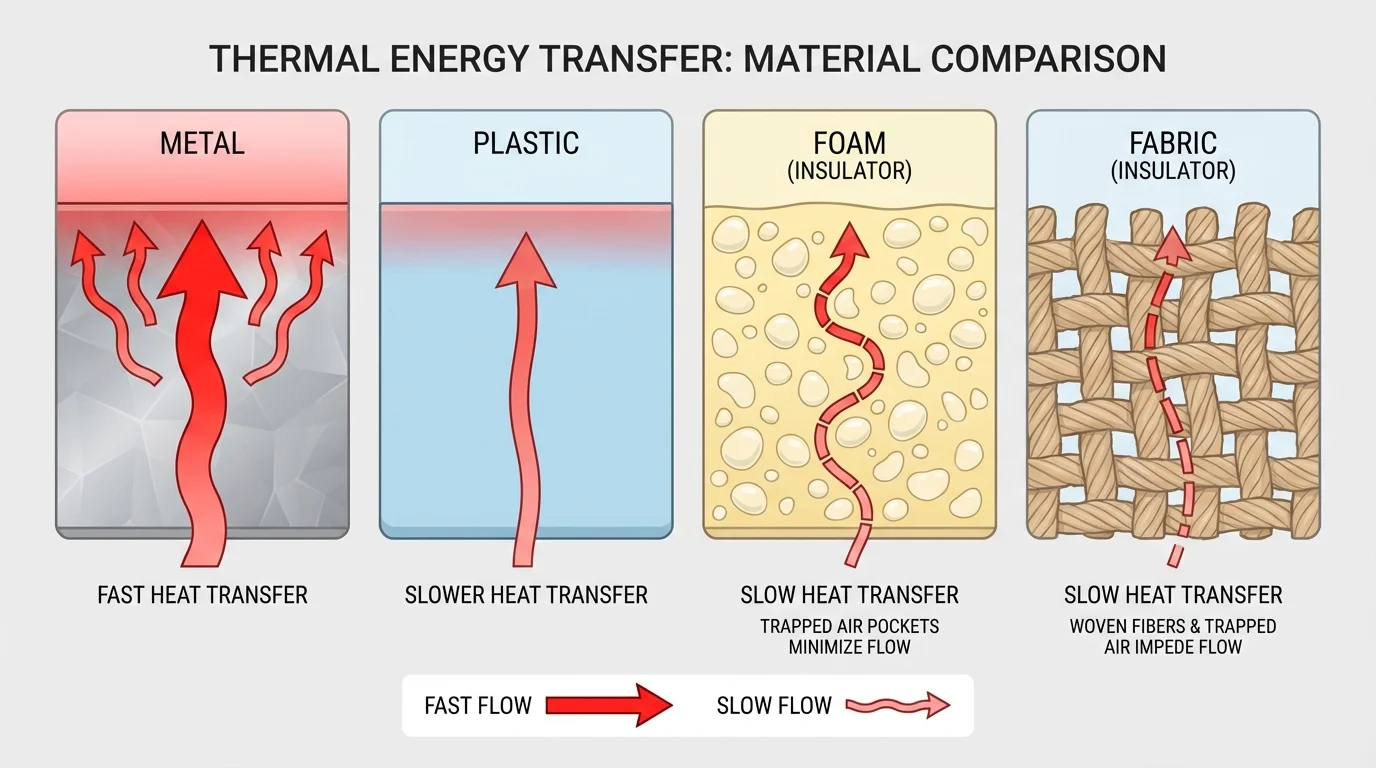 Comparison diagram of metal, plastic, foam, and fabric layers with arrows showing fast heat transfer through metal and slow transfer through insulating materials with trapped air pockets