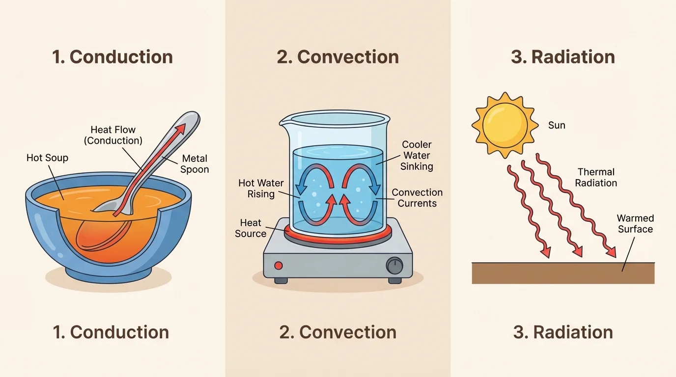 Three-panel diagram showing conduction in a metal spoon in hot soup, convection currents above a heater or in boiling water, and radiation from sunlight warming a surface