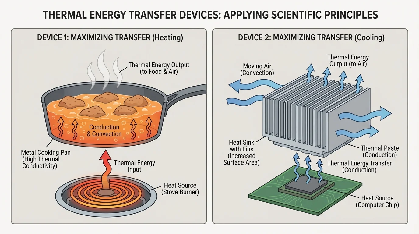 Labeled illustration showing a metal cooking pan heating food and a computer heat sink with fins releasing thermal energy into moving air