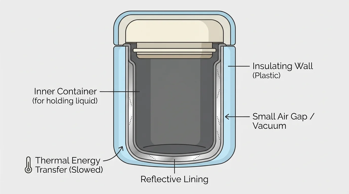Labeled cross-section of an insulated cup or thermos showing lid, inner container, insulating wall, reflective lining, and small air gap slowing thermal energy transfer