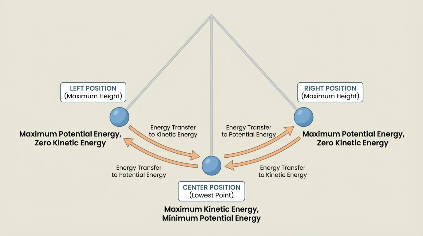 Pendulum at left, center, and right positions with labels showing more potential energy at the ends and more kinetic energy at the bottom