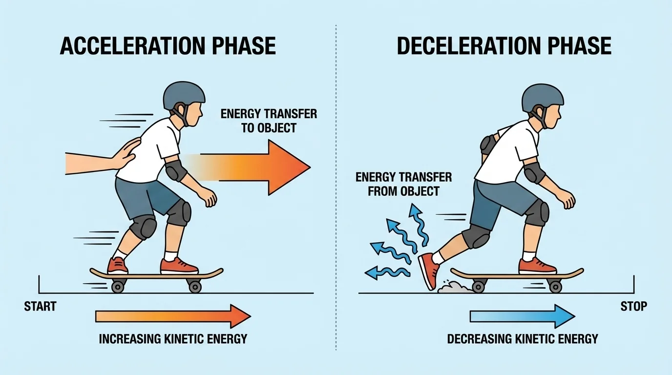 Skateboarder being pushed and speeding up, then braking and slowing down, with arrows labeled energy to object and energy from object