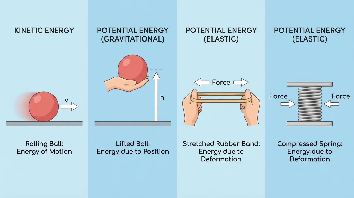 Side-by-side comparison of a rolling ball, a lifted ball, a stretched rubber band, and a compressed spring labeled as kinetic energy or potential energy