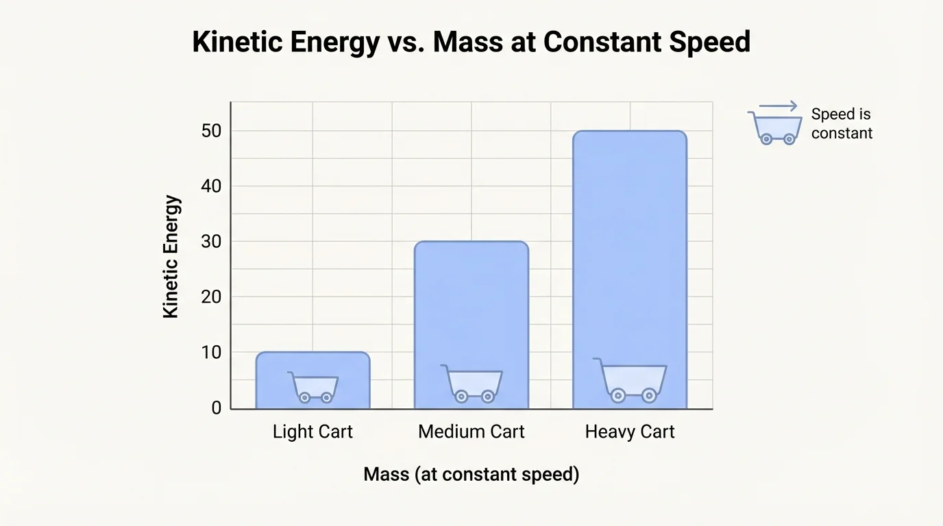 Bar graph with mass on the x-axis (light, medium, heavy carts) and kinetic energy on the y-axis, showing taller bars for larger masses at the same speed