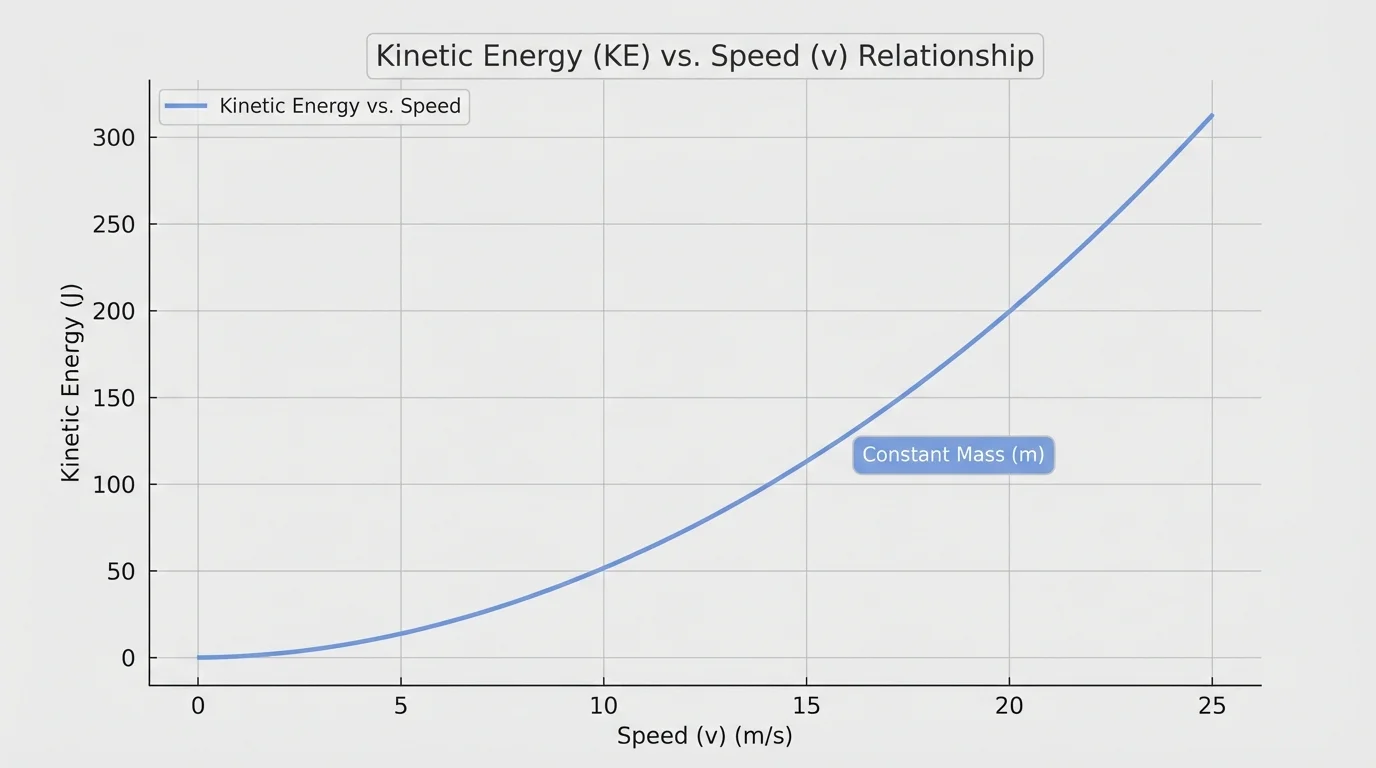 Line graph with speed on the x-axis and kinetic energy on the y-axis for a single mass, showing a curve that gets steeper as speed increases