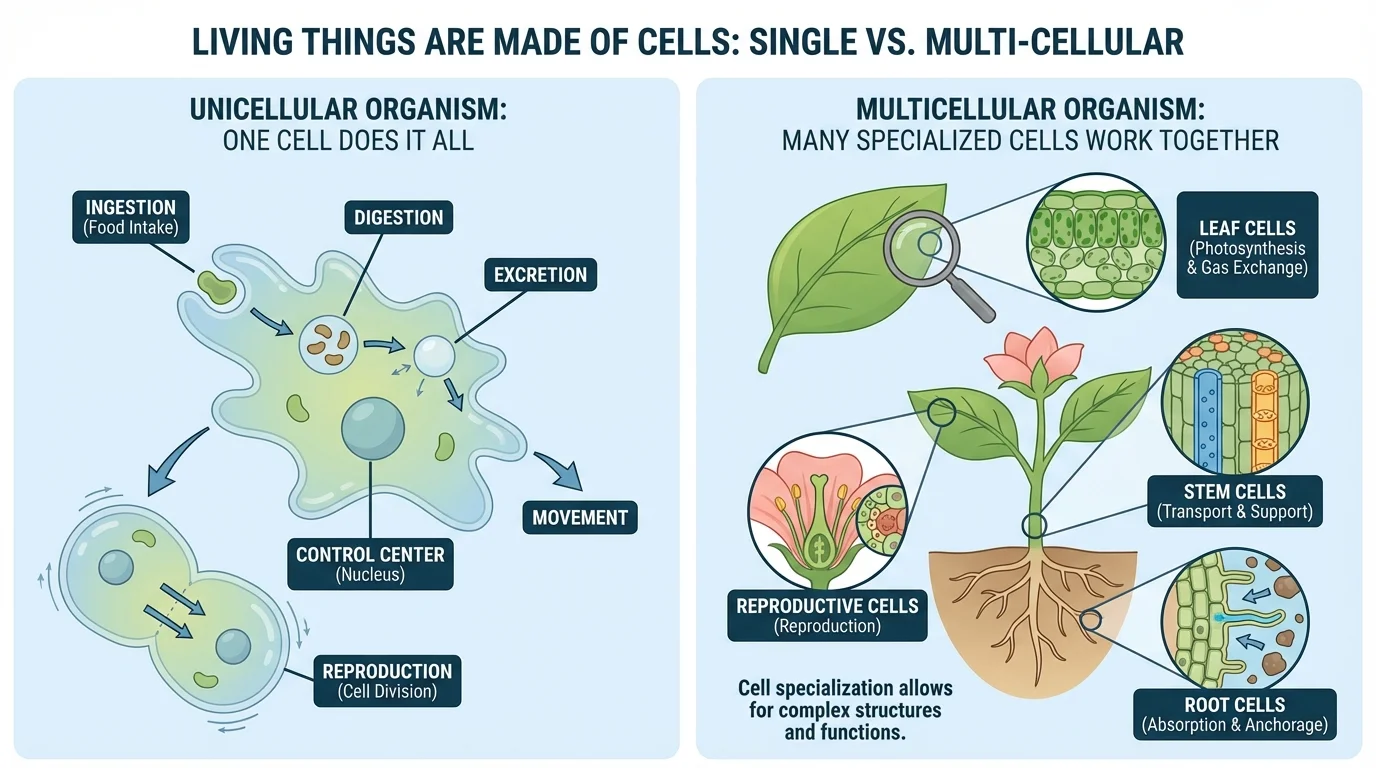 Side-by-side comparison of one-celled organism performing life processes alone and a multicellular organism made of many cells