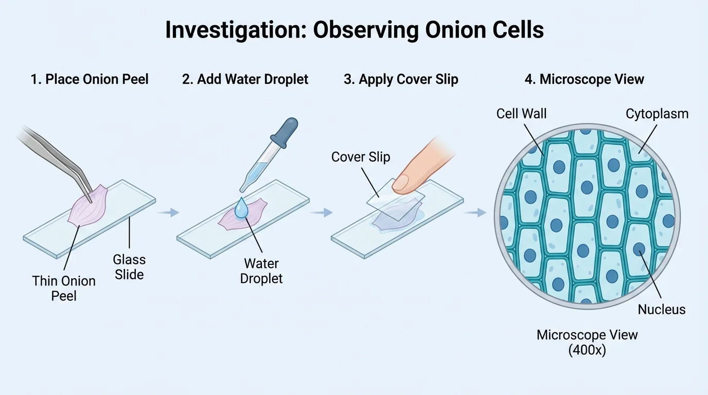 Wet mount preparation sequence with thin onion peel on slide, drop of water, cover slip, and microscope view of repeating cells