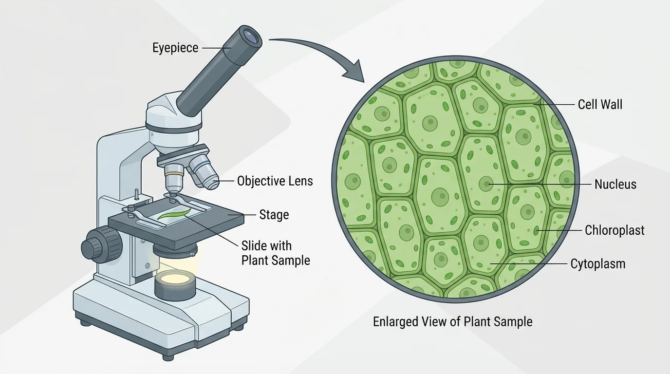 Light microscope showing slide, lens, and enlarged view of many box-like cells in a thin plant sample