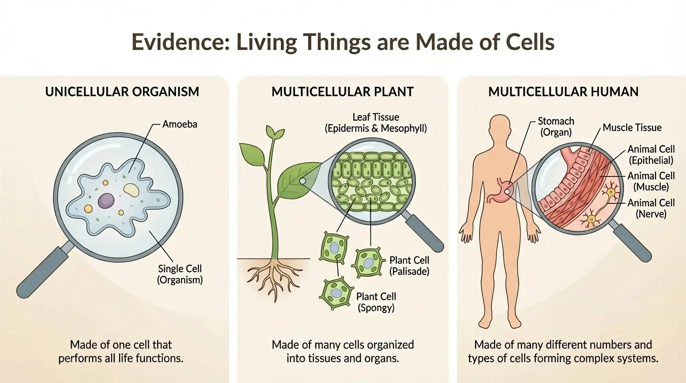 Simplified human body and plant diagram showing many differently shaped cells grouped into tissues and organs