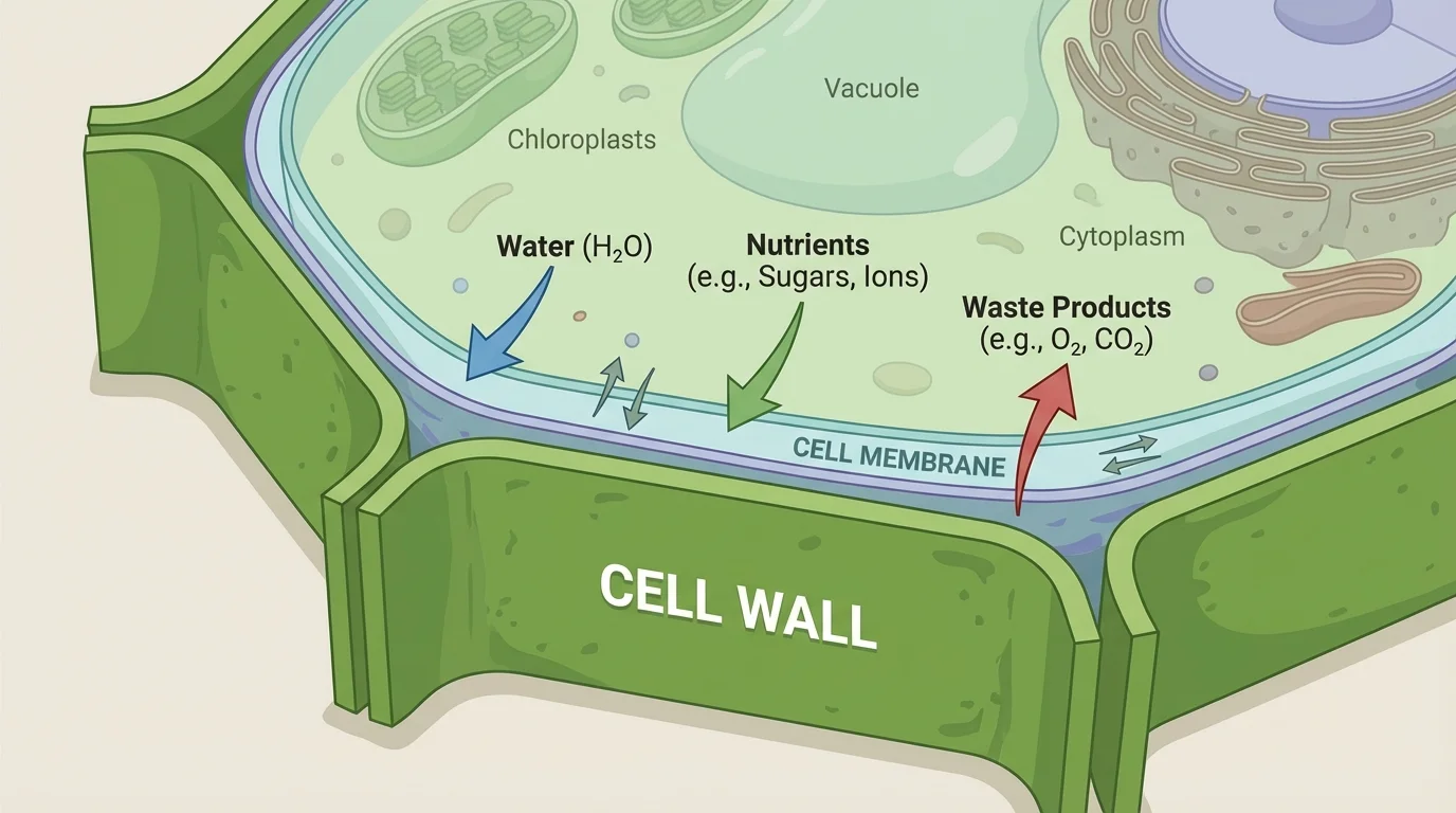 close-up of a plant cell boundary showing rigid cell wall outside and flexible cell membrane just inside, with arrows for materials moving through the membrane