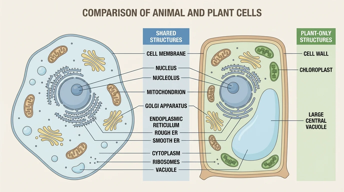 side-by-side comparison of a plant cell and an animal cell with shared structures and plant-only structures labeled