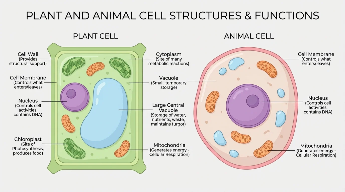 labeled plant and animal cell model showing membrane, cytoplasm, nucleus, vacuole, mitochondria, and chloroplast in the plant cell