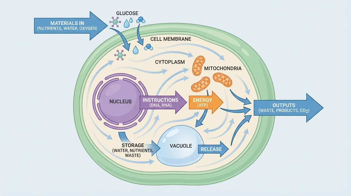 flowchart of whole-cell function showing materials entering through membrane, movement through cytoplasm, instructions from nucleus, energy from mitochondria, storage in vacuole, and outputs from the cell