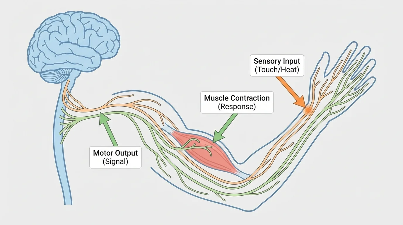 brain and spinal cord connected to arm muscles by nerves, with arrows showing sensory input and motor output causing muscle contraction