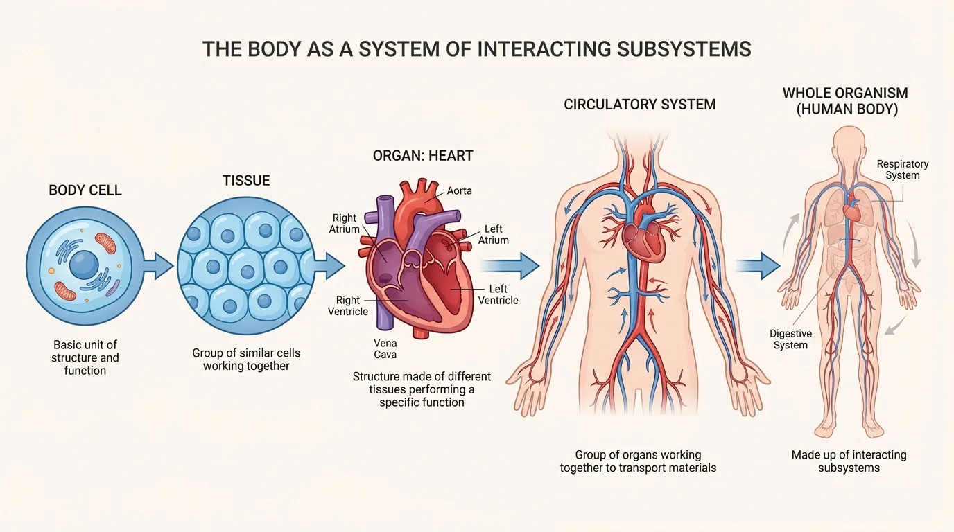 labeled hierarchy showing a body cell, tissue, an organ such as the heart, the circulatory system, and a whole human body