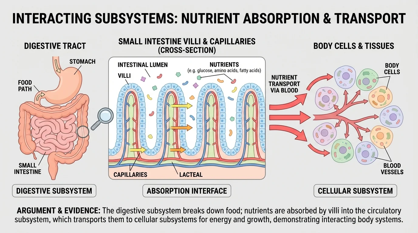 digestive tract with small intestine villi beside capillaries, arrows showing nutrients entering blood and traveling to body cells