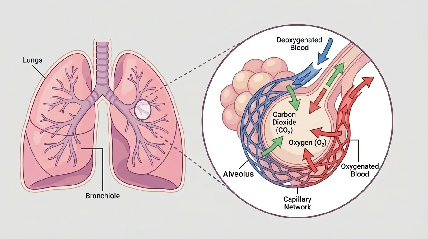 lungs with alveoli and surrounding capillaries, arrows showing oxygen entering blood and carbon dioxide leaving blood