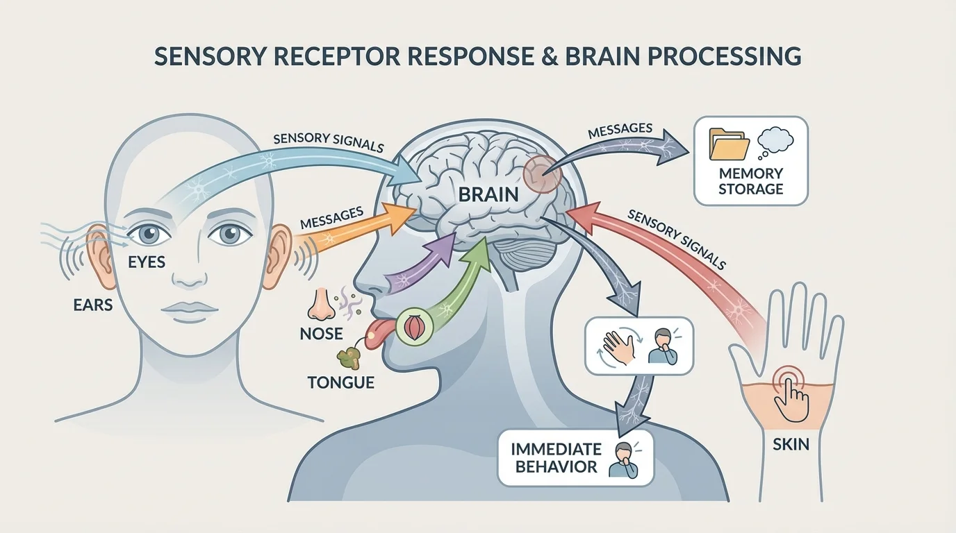 Diagram of a human outline showing eyes, ears, nose, tongue, and skin with arrows from each set of receptors pointing toward the brain in the head.