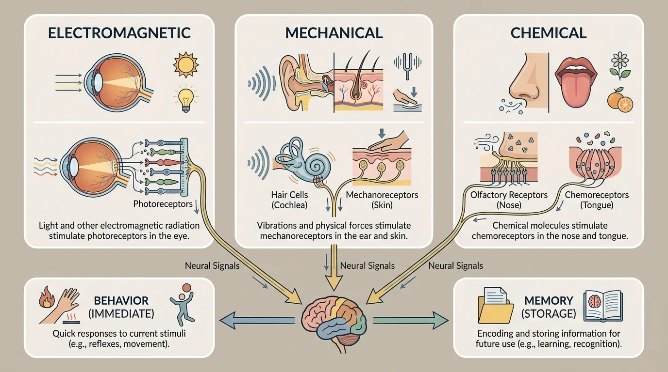 Three-column comparison diagram labeled electromagnetic, mechanical, and chemical, each column with a simple icon of the associated sense organ (eye, ear/skin, nose/tongue) and a simple example stimulus.