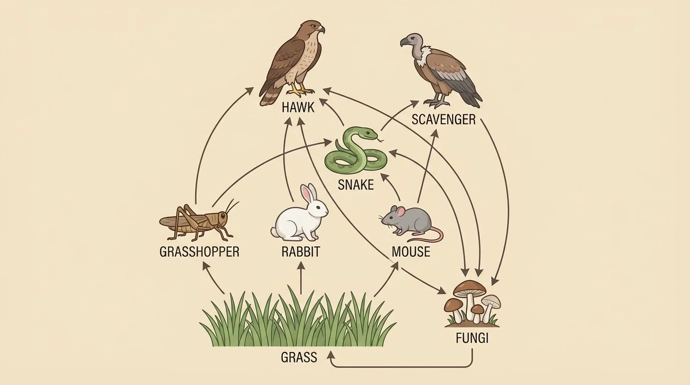 Grassland food web with grass, grasshopper, rabbit, mouse, snake, hawk, scavenger, fungi, and arrows showing energy flow