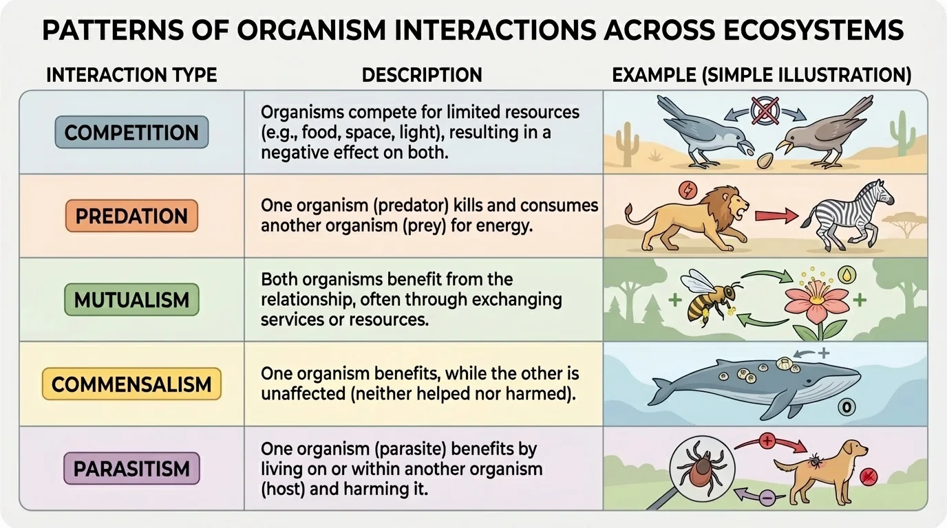 Comparison chart of competition, predation, mutualism, commensalism, and parasitism with one simple example for each