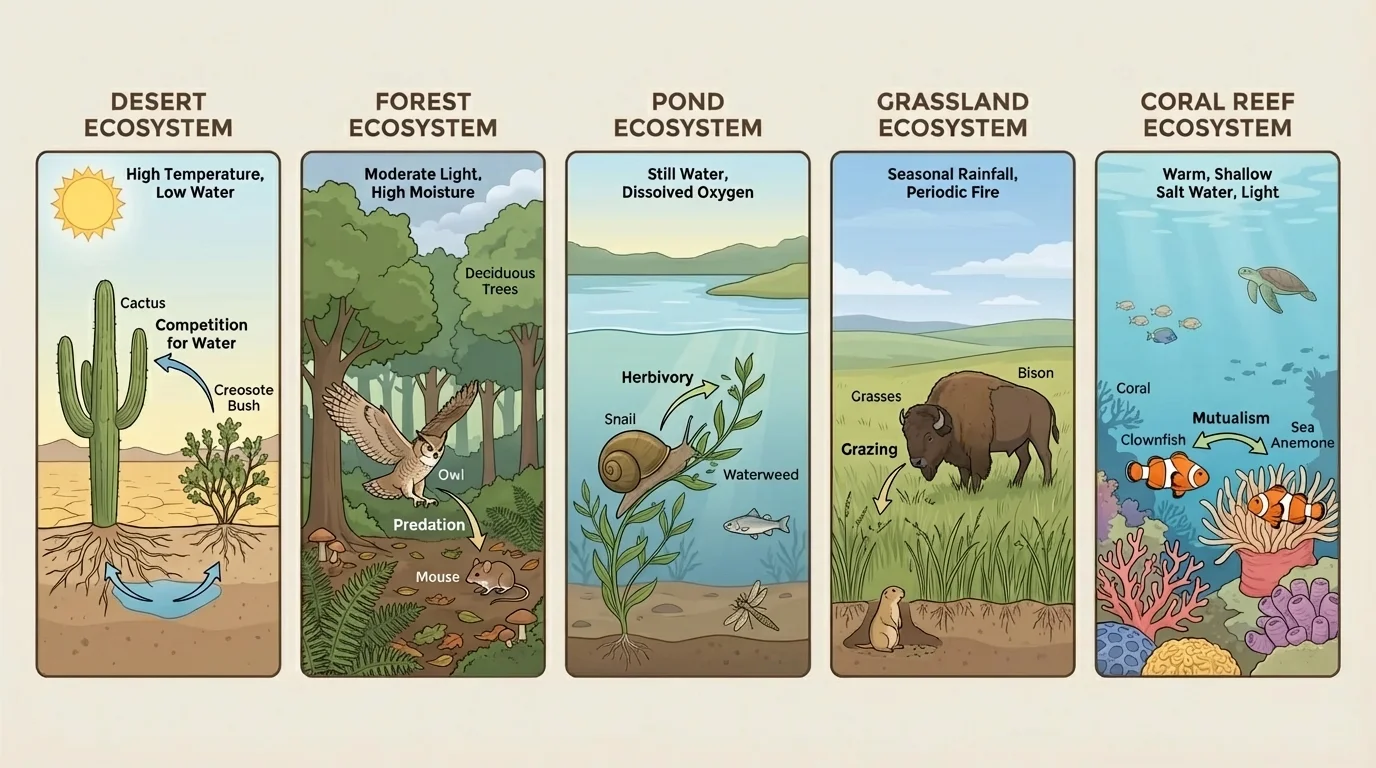 Side-by-side comparison of desert, forest, pond, grassland, and coral reef showing abiotic factors and one likely organism interaction in each