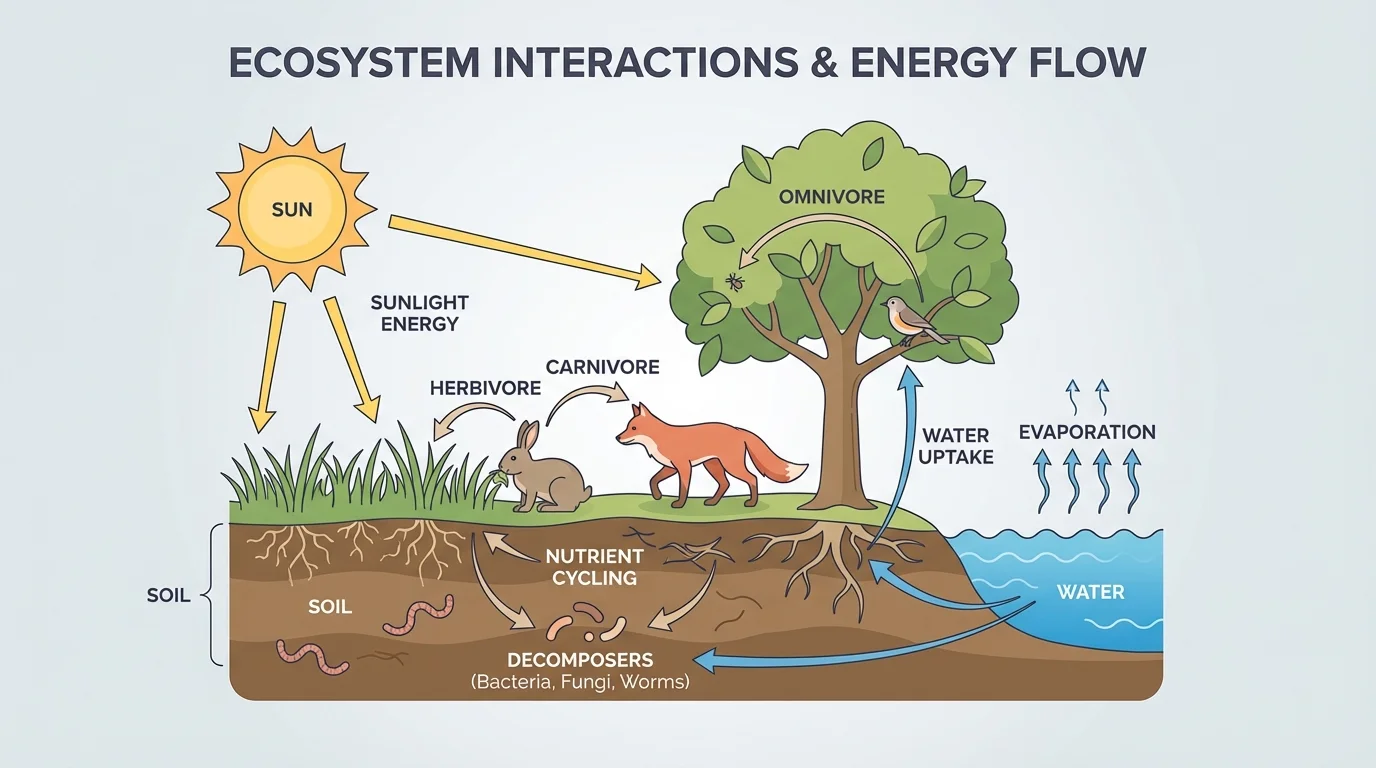 Labeled ecosystem scene with sunlight, water, soil, grass, tree, rabbit, fox, bird, fungi, and decomposers showing both biotic and abiotic factors