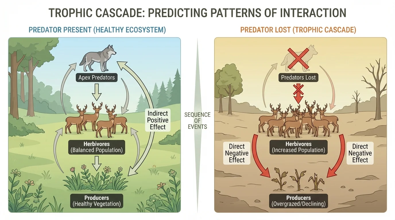 Trophic cascade sequence showing predators balanced with herbivores and healthy plants, then predator loss leading to herbivore increase and plant decline