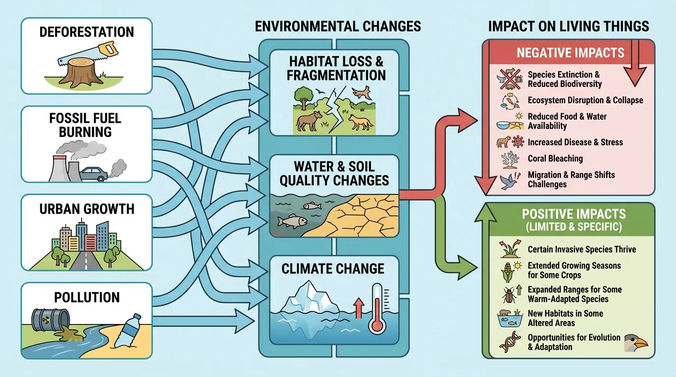 Flowchart showing human actions such as deforestation, fossil fuel burning, urban growth, and pollution leading to habitat loss, water changes, and climate change effects on living things