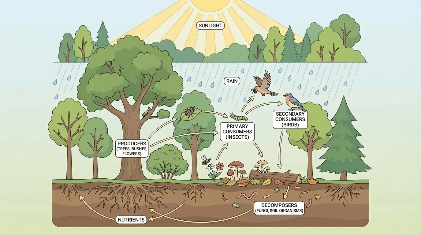Labeled forest habitat showing sunlight, rain, soil, trees, insects, birds, fungi, and a simple food web linking producers, consumers, and decomposers