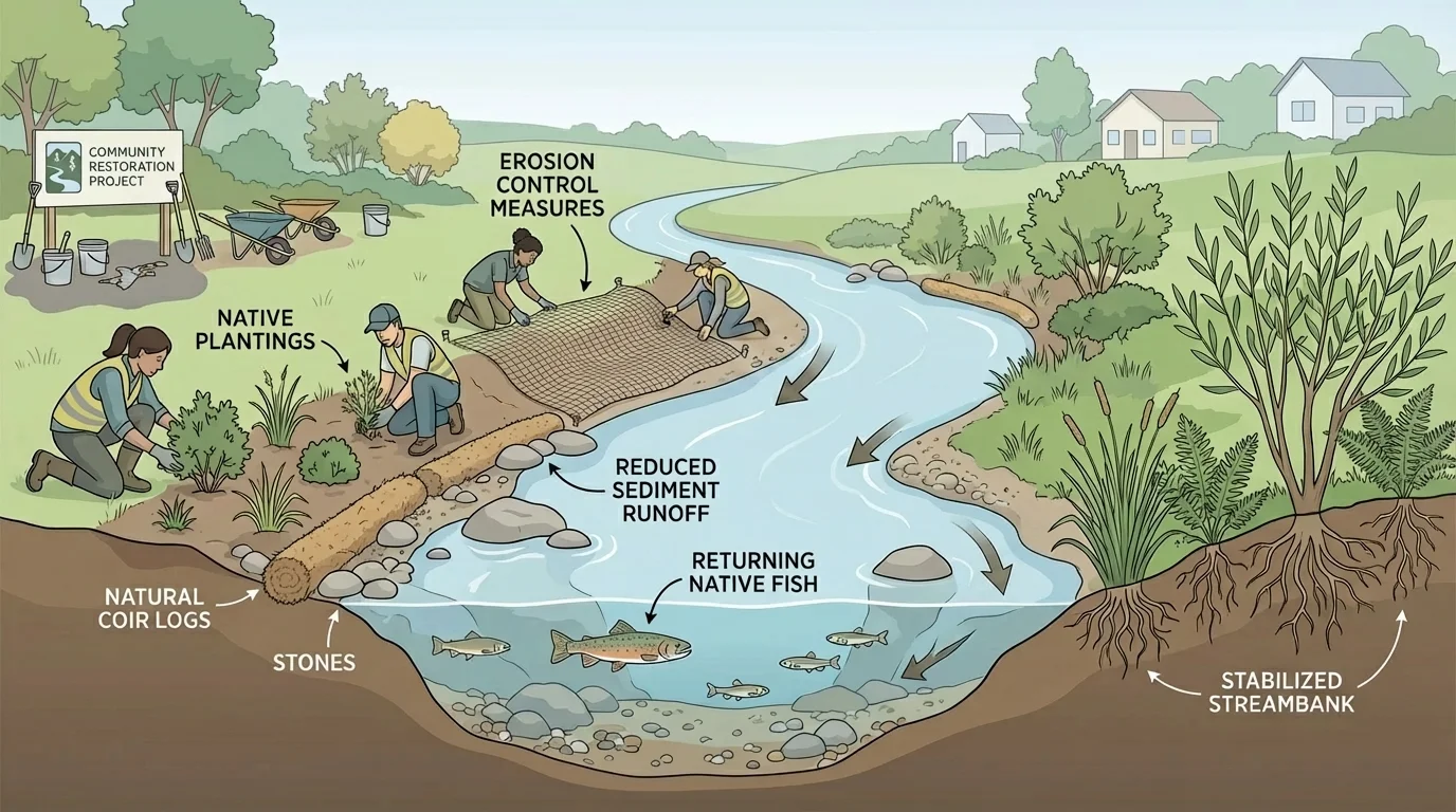 Stream restoration scene with native plants along the bank, cleaner water, fish returning, reduced erosion, and nearby community work area