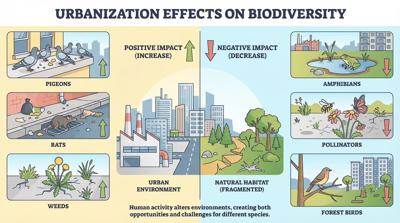 Comparison chart showing urbanization effects, with pigeons, rats, and some weeds increasing while amphibians, pollinators, and forest birds decrease