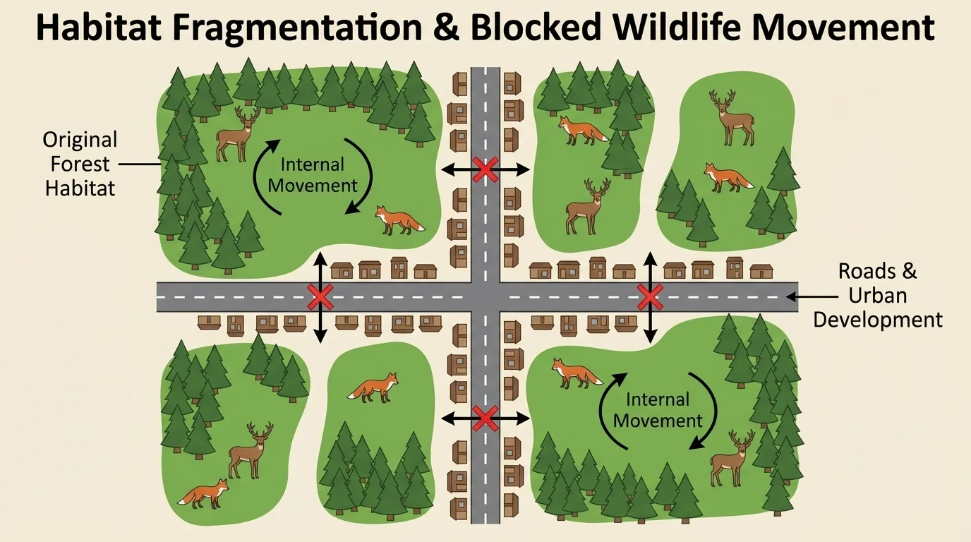 Simple map-style diagram of a once-large forest divided by roads and buildings into isolated habitat patches, with arrows showing blocked animal movement