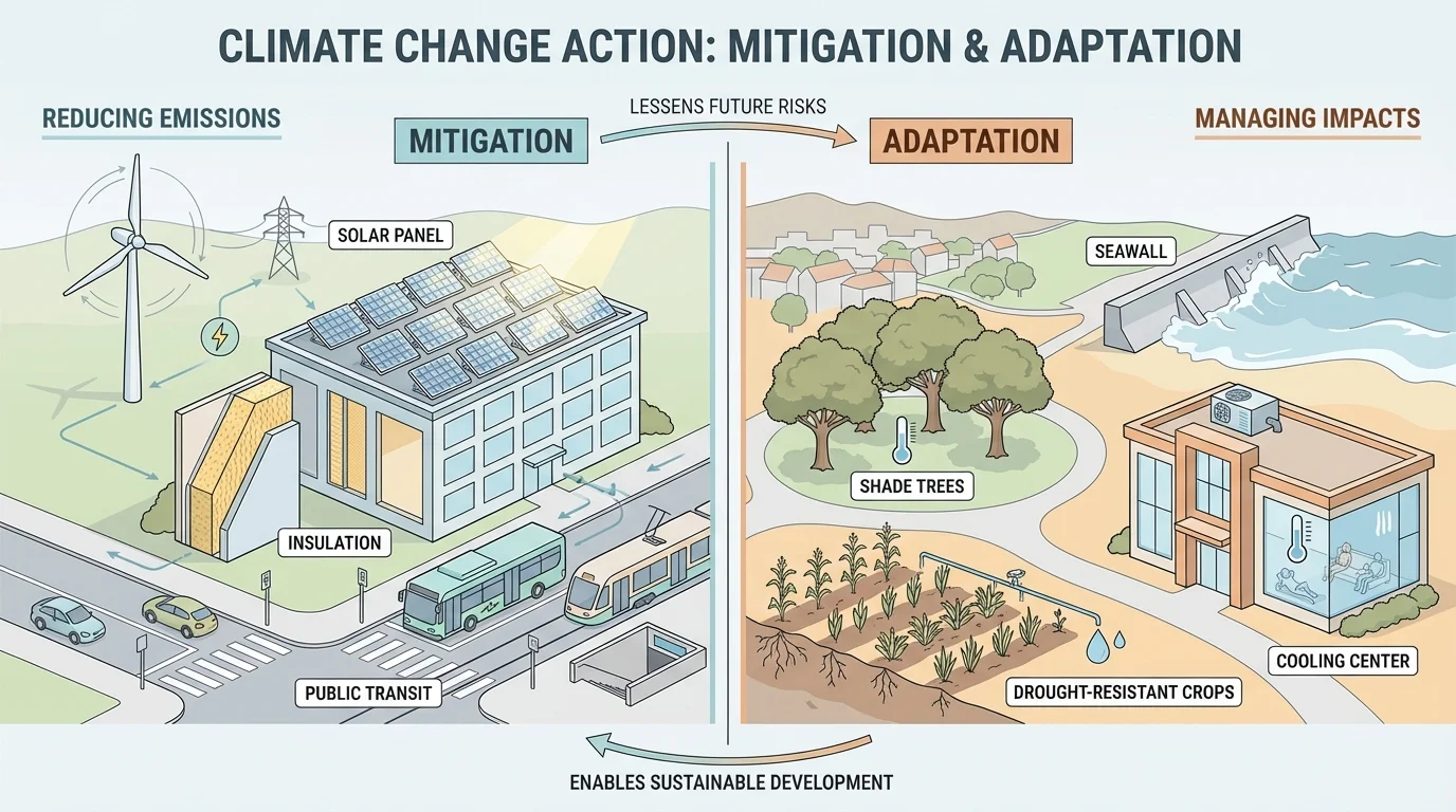 Split scene showing mitigation with solar panels, wind turbines, insulation, and public transit on one side and adaptation with seawall, shade trees, drought-resistant crops, and cooling center on the other
