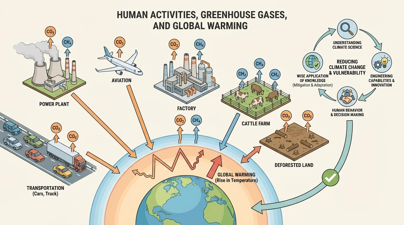 Power plant, cars, airplane, factory, cattle farm, and deforested land with arrows showing emissions of carbon dioxide and methane