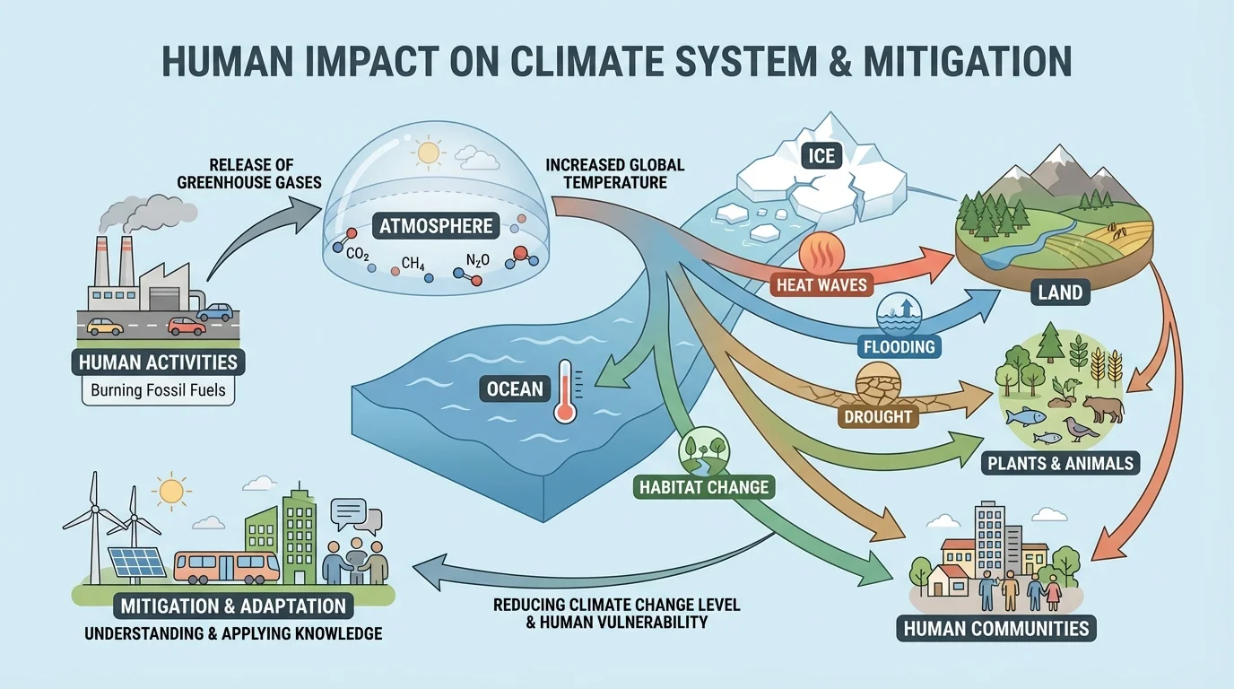 Linked atmosphere, ocean, ice, land, plants and animals, and human communities with arrows showing drought, flooding, heat waves, and habitat change