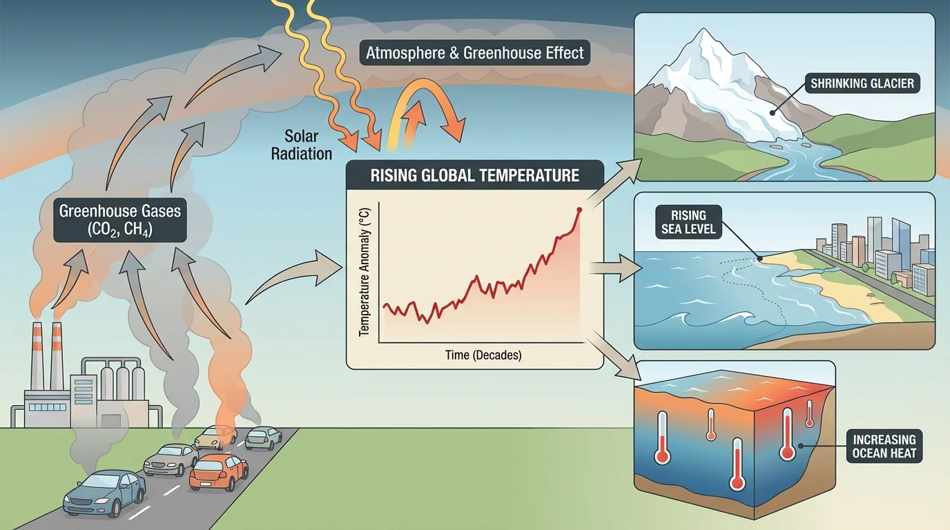 Visual with rising global temperature trend, shrinking glacier, rising sea level, and increasing ocean heat