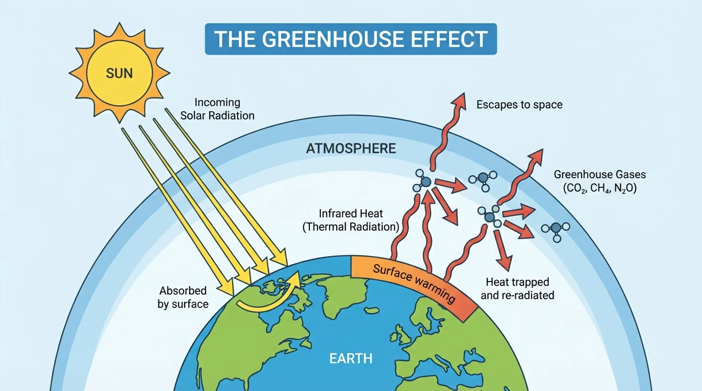 Earth with incoming sunlight, surface warming, and infrared heat partly absorbed and re-radiated by greenhouse gases in the atmosphere