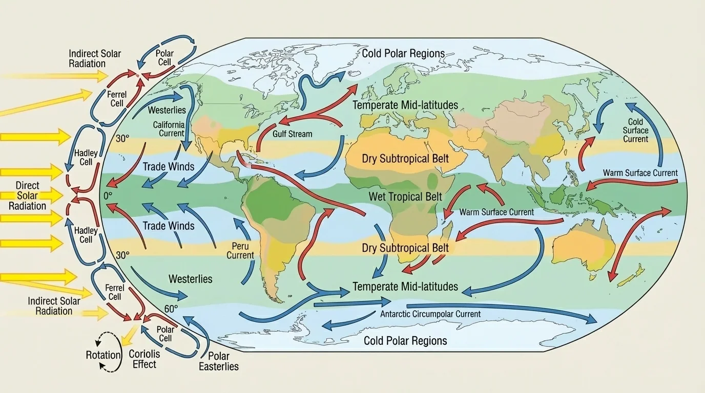 World map shaded to show wet tropical belt near the equator, dry subtropical belts around 30 degrees north and south, temperate mid-latitudes, and cold polar regions