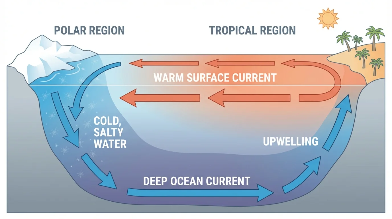 Ocean cross-section showing warm surface currents moving away from the tropics, cold salty water sinking in polar regions, and deep water flowing back toward lower latitudes