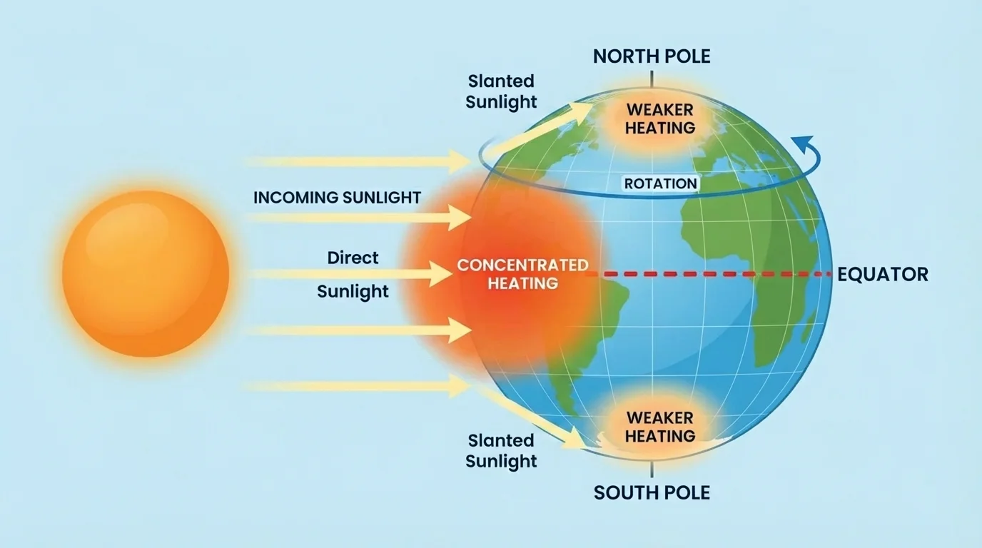 Earth receiving direct sunlight near the equator and slanted sunlight near the poles with simple labels showing concentrated heating at the equator and weaker heating at the poles