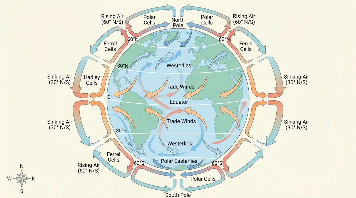 Simplified global atmospheric circulation showing warm air rising at the equator, sinking near 30 degrees north and south, additional rising and sinking at higher latitudes, and arrows for broad wind belts