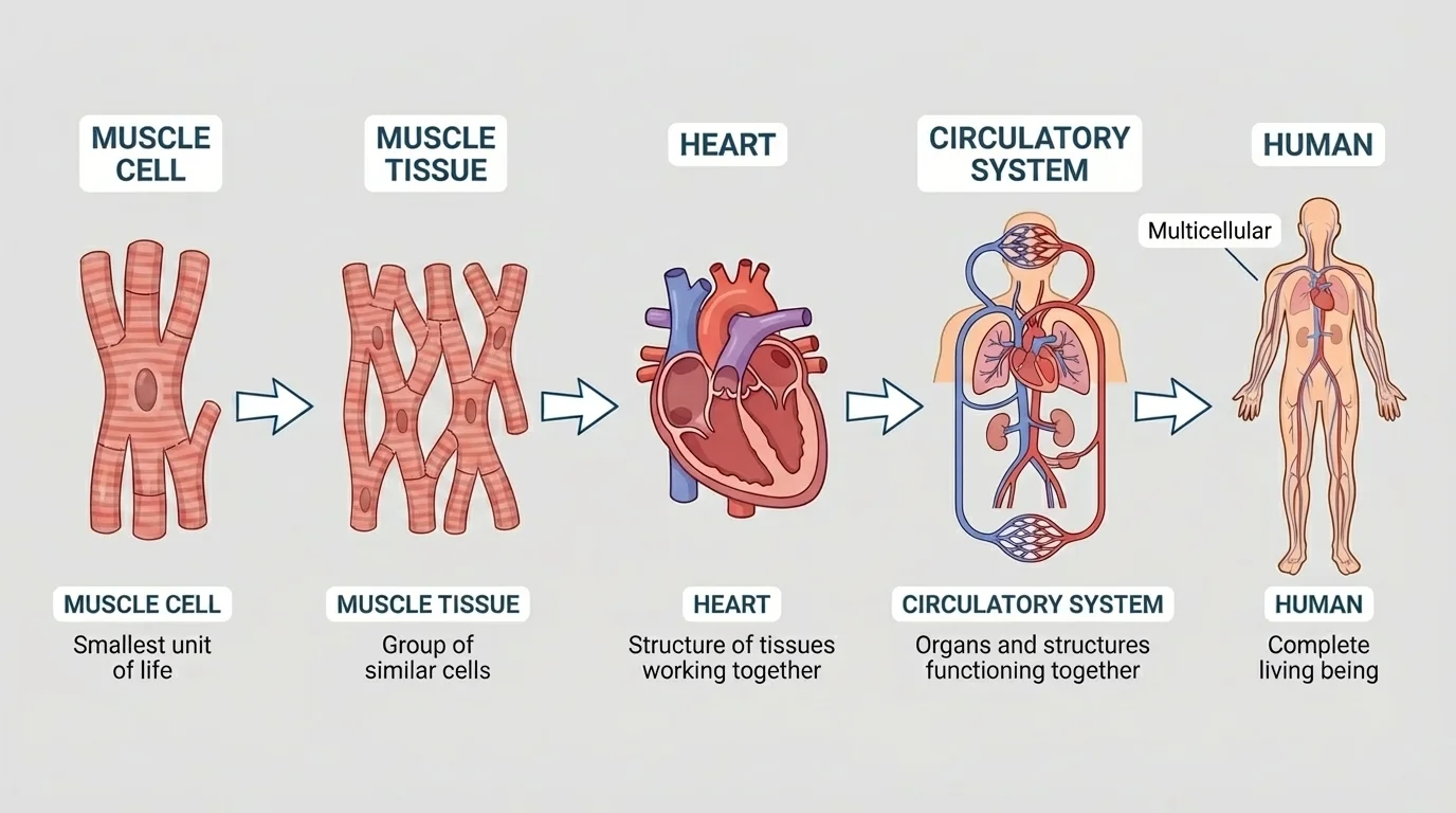 Cell to tissue to organ to organ system to organism using muscle cell, muscle tissue, heart, circulatory system, human